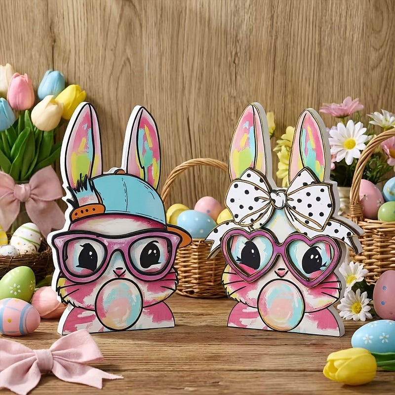 One Pair of Mischievous Rabbits Easter Decor Double Sided Wooden Bunny Couple - Image 3