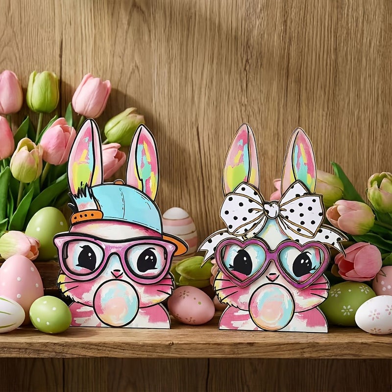 One Pair of Mischievous Rabbits Easter Decor Double Sided Wooden Bunny Couple - Image 4