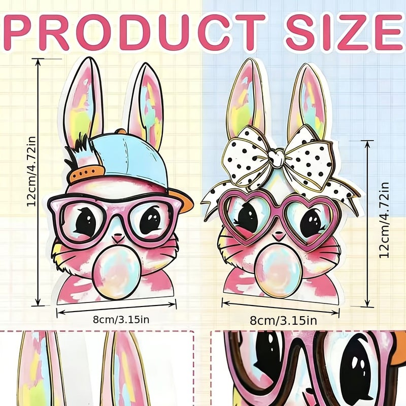 One Pair of Mischievous Rabbits Easter Decor Double Sided Wooden Bunny Couple - Image 2