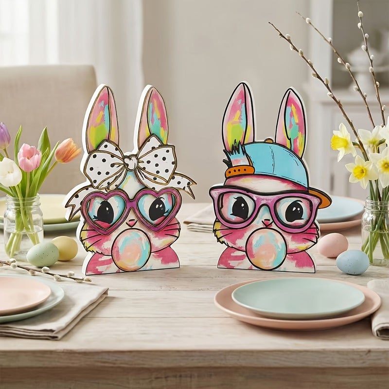 One Pair of Mischievous Rabbits Easter Decor Double Sided Wooden Bunny Couple - Image 5