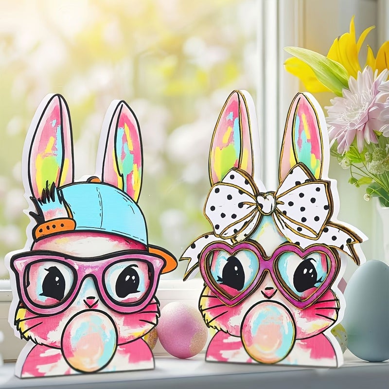 One Pair of Mischievous Rabbits Easter Decor Double Sided Wooden Bunny Couple - Image 1