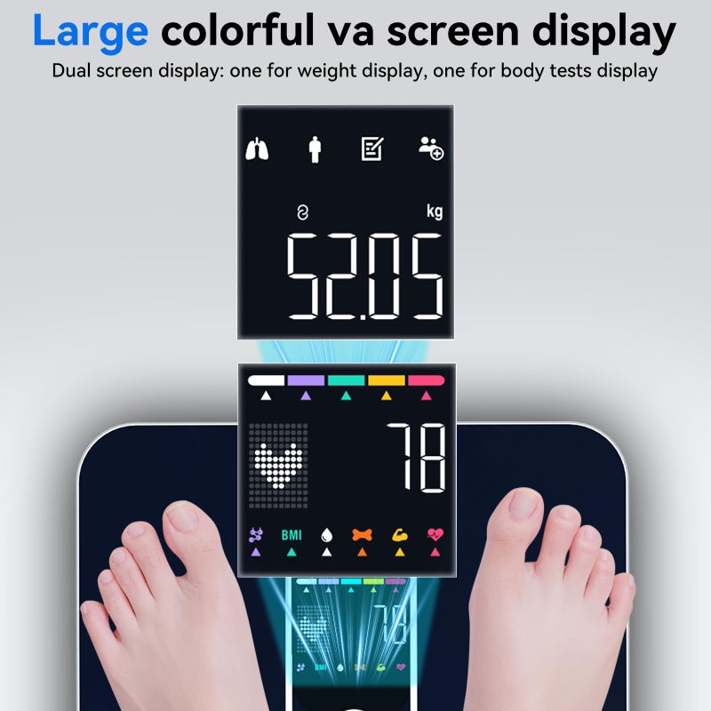 Greetmed Smart Scale with BMI Body Fat Muscle Mass Digital Bathroom Weight Scale with Accurate 17 Core Body Composition Analyzer Fat Percentage Dual Large VA Color Screen Bluetooth Sync App for Home Use - Image 3