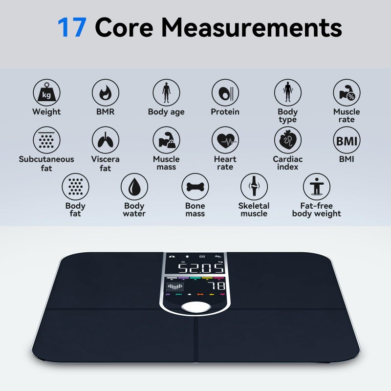 Greetmed Smart Scale with BMI Body Fat Muscle Mass Digital Bathroom Weight Scale with Accurate 17 Core Body Composition Analyzer Fat Percentage Dual Large VA Color Screen Bluetooth Sync App for Home Use - Image 2