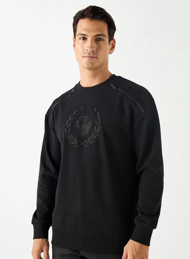 Emperor Embroidered Sweatshirt with Zip Accent and Long Sleeves
