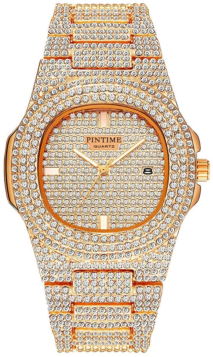 PINTIME Mens Diamond Watches Luxury Unisex Silver Gold Iced-Out Bling CZ Crystal Fashion Quartz Stainless Steel Women's Wristwatches - Image 1