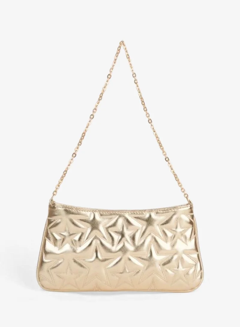 Women's Dalya Gold Star Embroidered Lined Zipper Closure Baton Hand and Shoulder Bag.