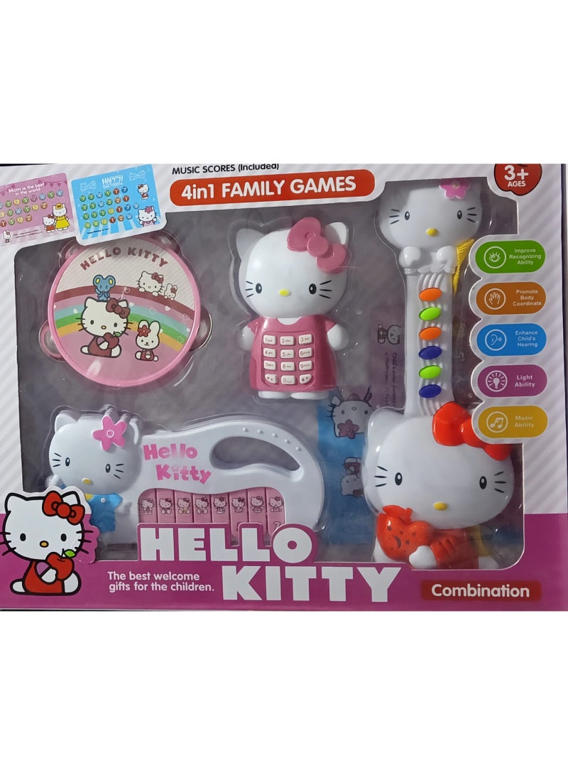 هالو كيتي طقم آلات موسيقية للأطفال بتصميم هيلو كيتي – 4 في 1 لعبة موسيقية تعليمية للبنات من عمر 3 سنوات فأكثر