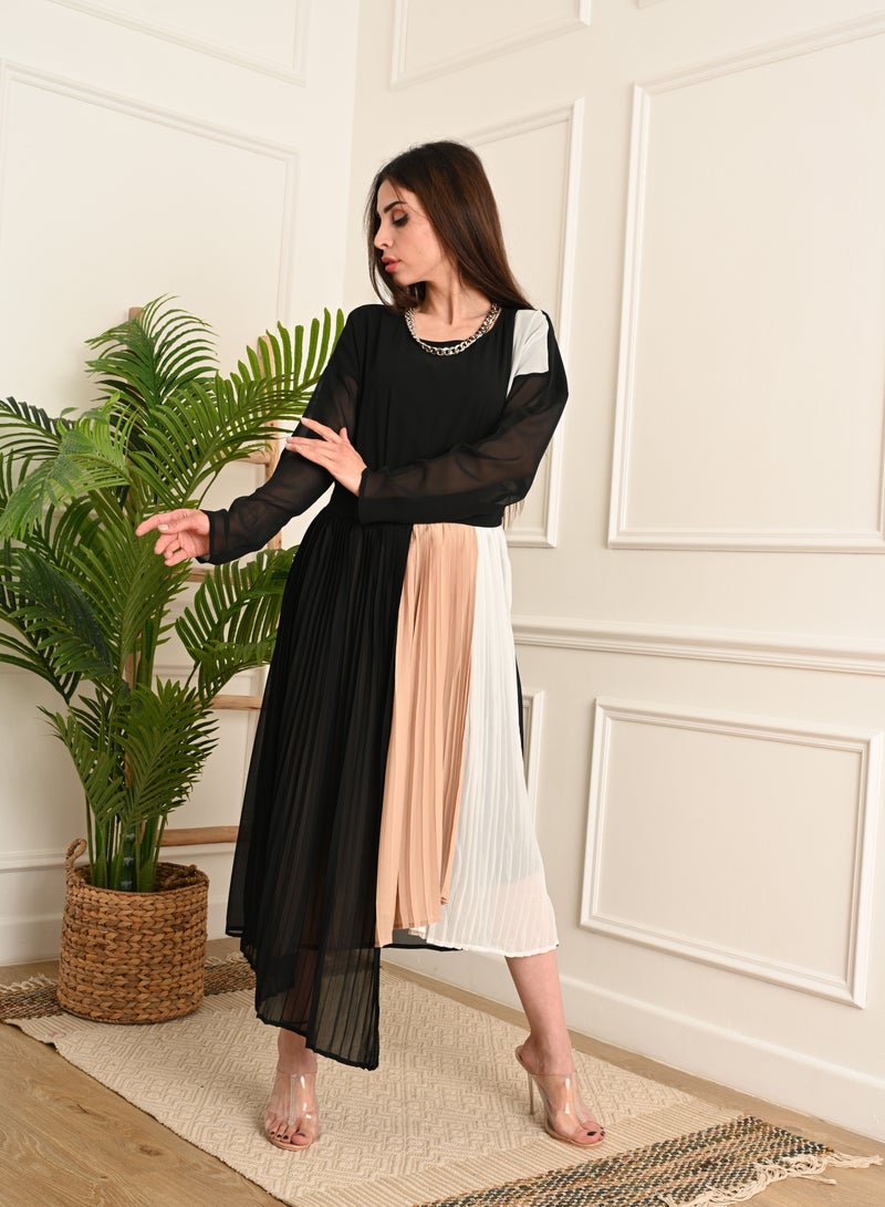 FULL JOY Pleated chiffon dress with long sleeves  - Image 2