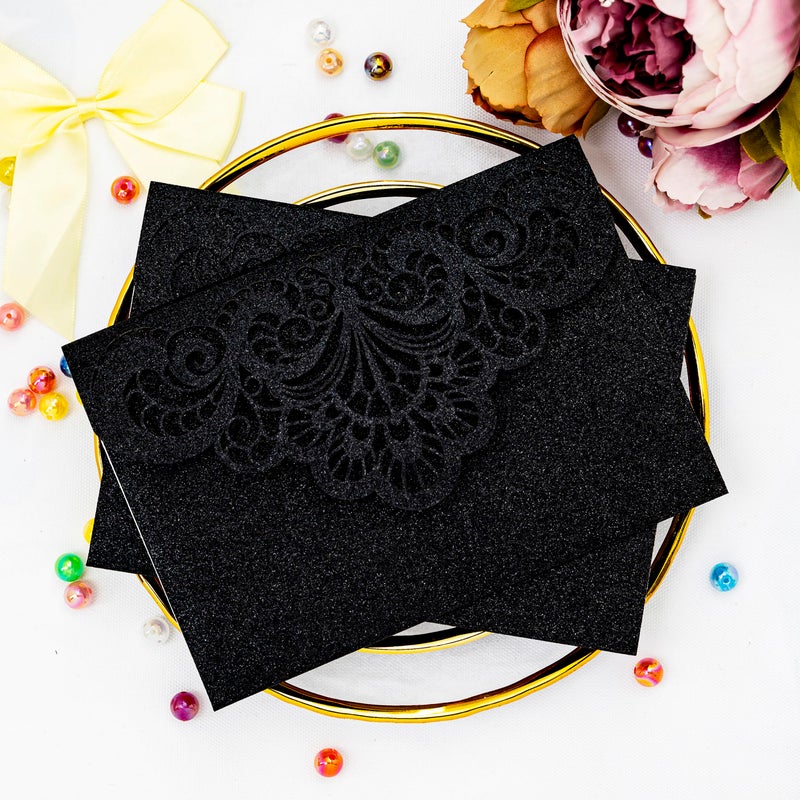 Builcker Greeting Card 20 Pcs Laser Cut Black Glitter Invitation Card for Wedding Party Birthday Graduation New Year Other Occasions with Envelope