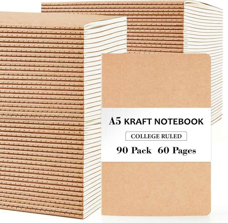 Feela 90 Pack Kraft Notebooks Bulk, Lined Travel Journals Note Pad Notebooks for Men Women Girls Students, Making Plans Writing Memos Office School Supplies, A5, 60 Pages, 8.3” X 5.5” - Image 1