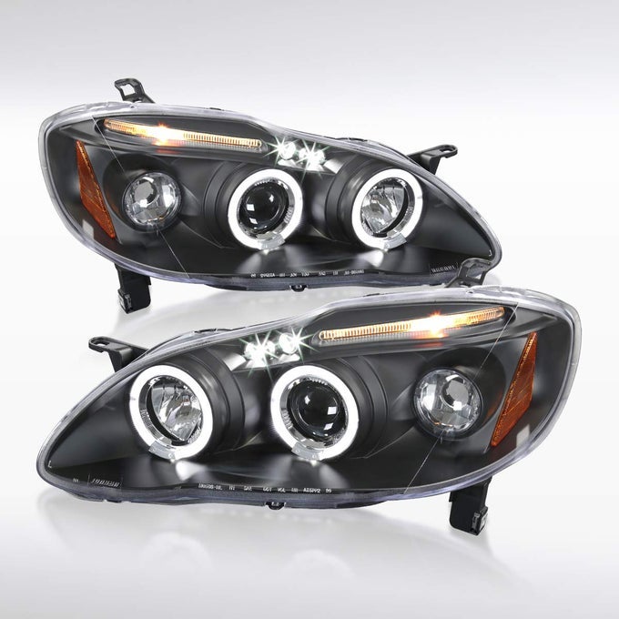 Compatible With 20032008 Toyota Corolla Left Right Pair Headlamps Assembly Halo Led Smoke Lens Glossy Black Housing Projector Headlights