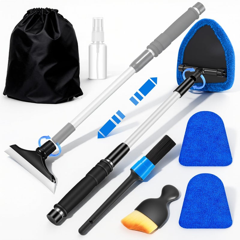 vioview Windshield Cleaner Tool Car Interior Cleaning Kit with Extendable Handle and 3 Reusable Microfiber Pads Auto Glass Wiper and Detailing Brush Kit for Car Home Window Blue - Image 3