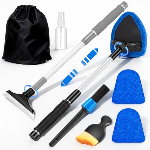 vioview Windshield Cleaner Tool Car Interior Cleaning Kit with Extendable Handle and 3 Reusable Microfiber Pads Auto Glass Wiper and Detailing Brush Kit for Car Home Window Blue - Image 1