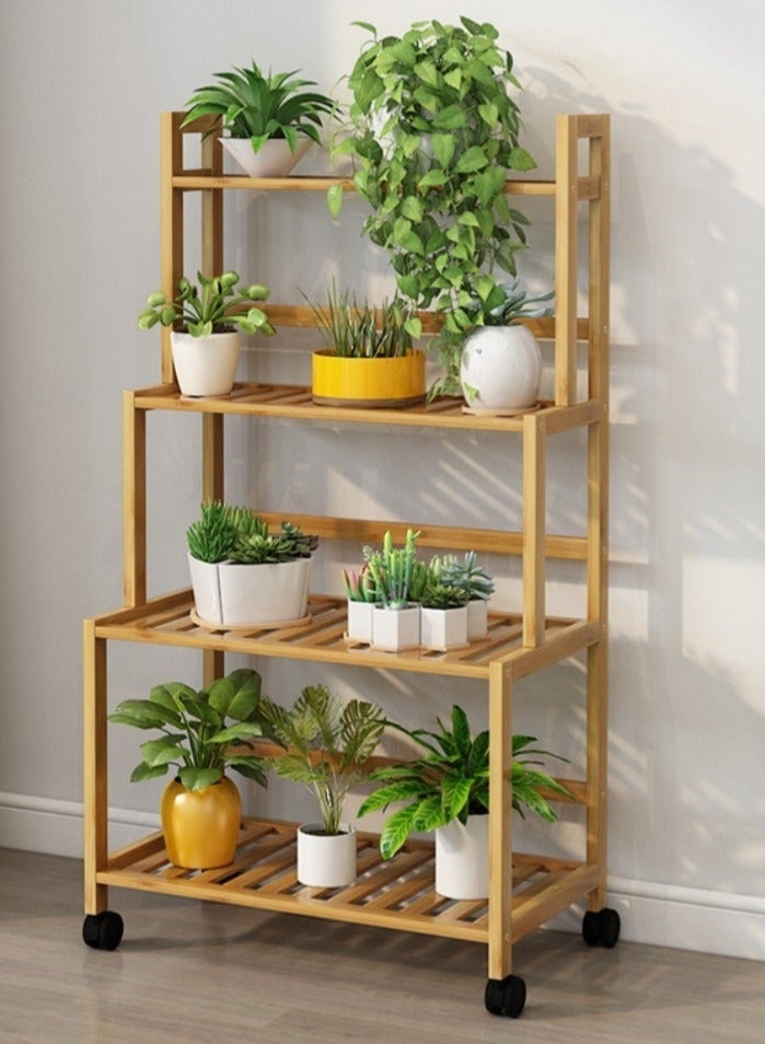 والالا حامل نباتات من الخيزران مكون من 4 طبقات مع عجلات، حامل عرض متحرك للاستخدام الداخلي والخارجي، حامل نباتات زاوية لرف عرض أواني الزهور لغرفة المعيشة والشرفة والفناء والحديقة - Image 1