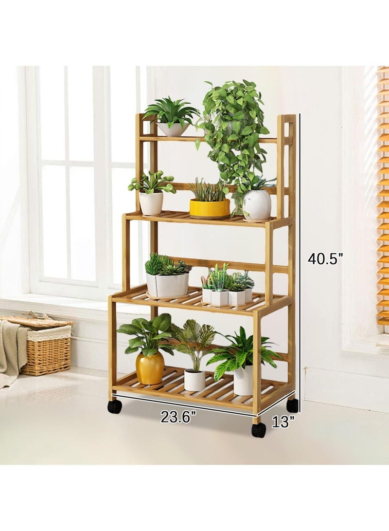 والالا حامل نباتات من الخيزران مكون من 4 طبقات مع عجلات، حامل عرض متحرك للاستخدام الداخلي والخارجي، حامل نباتات زاوية لرف عرض أواني الزهور لغرفة المعيشة والشرفة والفناء والحديقة - Image 5