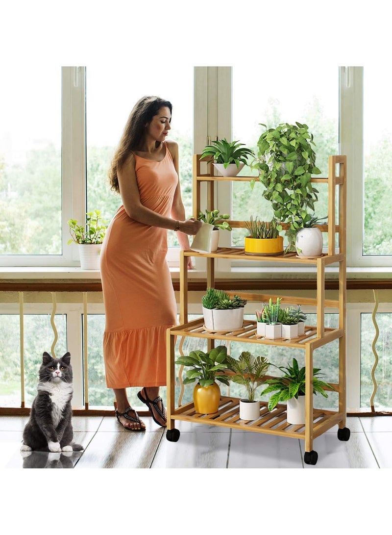 والالا حامل نباتات من الخيزران مكون من 4 طبقات مع عجلات، حامل عرض متحرك للاستخدام الداخلي والخارجي، حامل نباتات زاوية لرف عرض أواني الزهور لغرفة المعيشة والشرفة والفناء والحديقة - Image 3