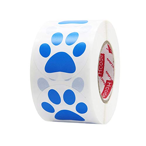 Hcode 1.5" Round Blue Bear Paw Print Stickers Dog Puppy Paw Stickers 500 Pieces per Roll (1 roll, Blue) - Image 1