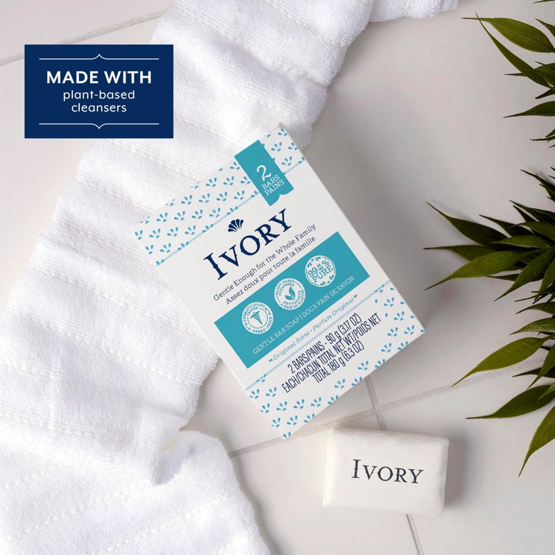 Ivory Gentle Bath Bar Soap, Designed for Whole Family, 99.44% Pure Formula with Plant-Based Cleansers, Made Without Heavy Perfumes, Parabens or Phthalates, Original Scent, 3.17 oz (2 Count) - Image 3