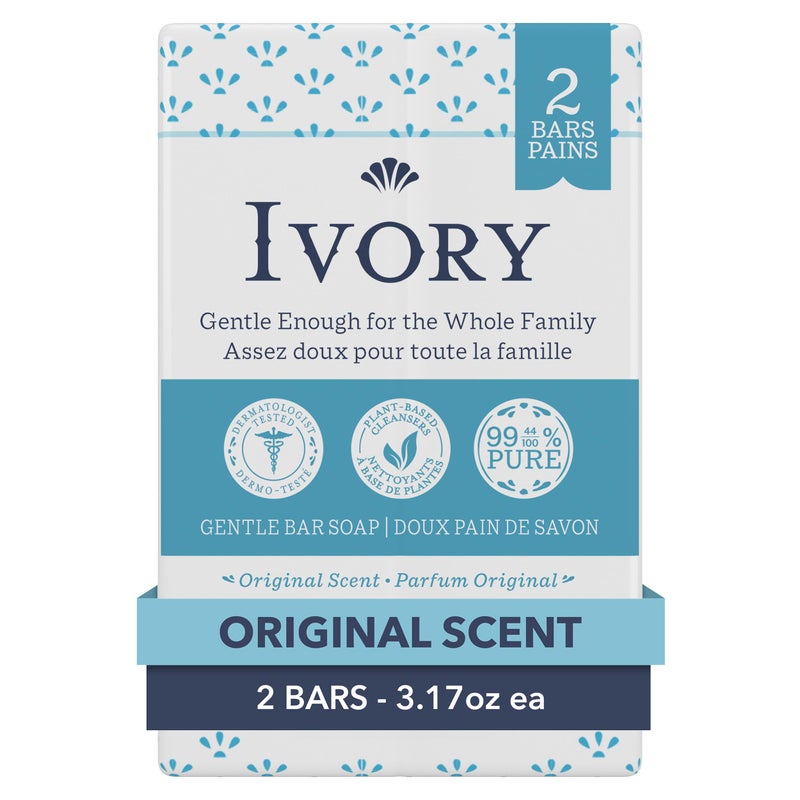 Ivory Gentle Bath Bar Soap, Designed for Whole Family, 99.44% Pure Formula with Plant-Based Cleansers, Made Without Heavy Perfumes, Parabens or Phthalates, Original Scent, 3.17 oz (2 Count) - Image 1