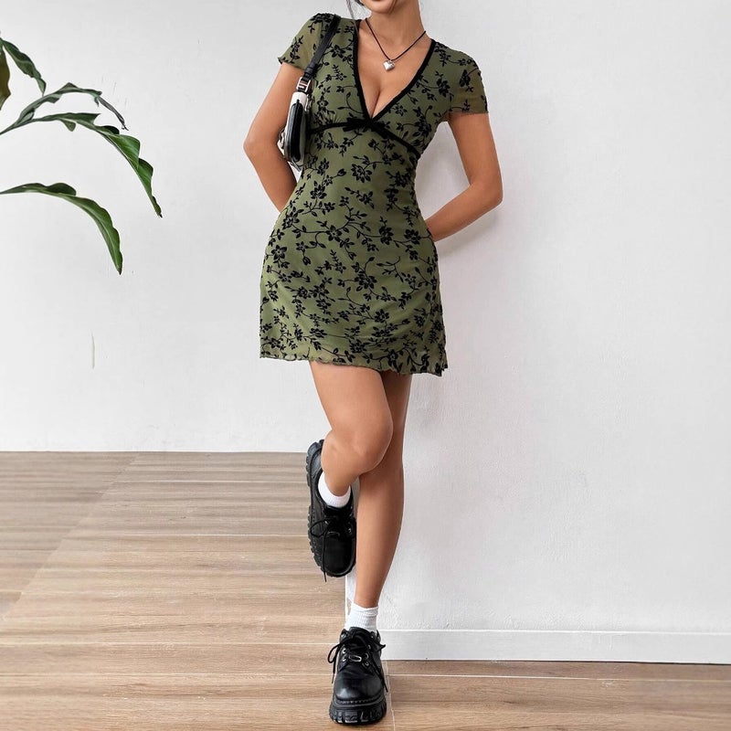 Women's Floral Embroidered V-Neck Color-Contrast A-Line Dress - Image 4