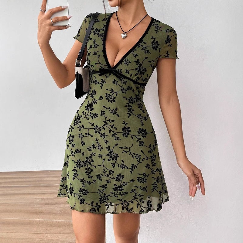 Women's Floral Embroidered V-Neck Color-Contrast A-Line Dress - Image 1