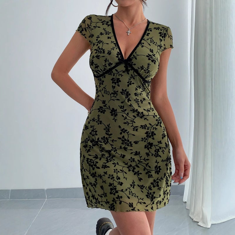 Women's Floral Embroidered V-Neck Color-Contrast A-Line Dress - Image 3