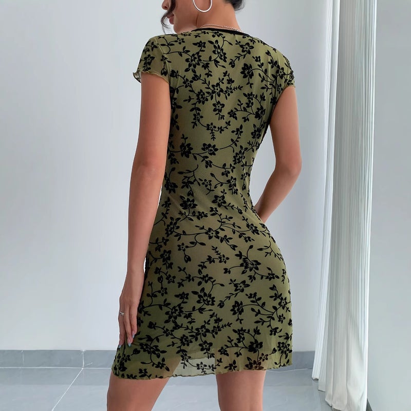 Women's Floral Embroidered V-Neck Color-Contrast A-Line Dress - Image 2