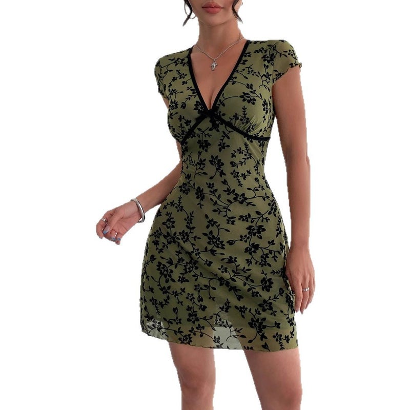 Women's Floral Embroidered V-Neck Color-Contrast A-Line Dress - Image 5
