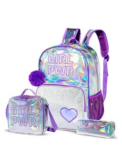 Eazy Kids 18 Inches School Bag Glitter Bento Box Lunch Bag Pencil Case Set of 4 - Girl Power Purple  - Image 2