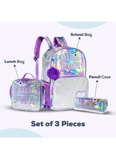 Eazy Kids 18 Inches School Bag Glitter Bento Box Lunch Bag Pencil Case Set of 4 - Girl Power Purple  - Image 3