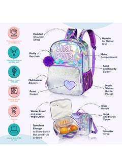 Eazy Kids 18 Inches School Bag Glitter Bento Box Lunch Bag Pencil Case Set of 4 - Girl Power Purple  - Image 4