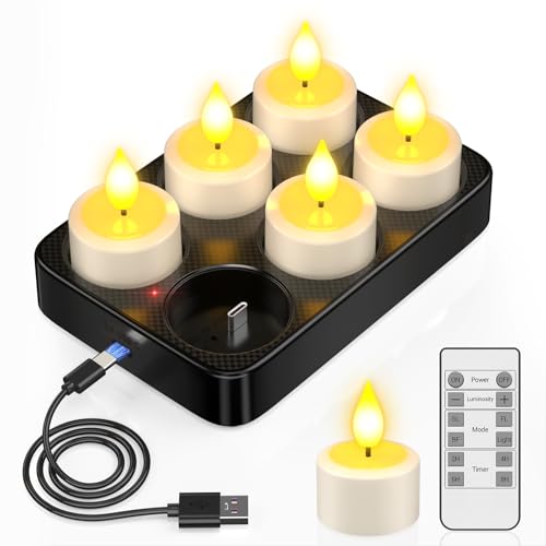PChero Rechargeable Flameless Candles with Remote Timer Charging Base Long Lasting LED Tealight Battery Operated Flickering Candles for Home Decor Wedding Halloween Christmas 6 Pack - Image 1