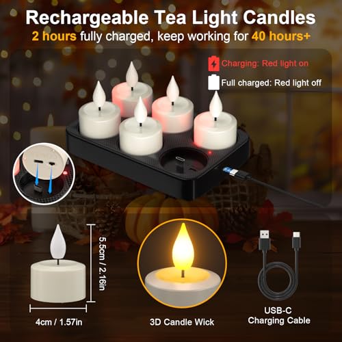 PChero Rechargeable Flameless Candles with Remote Timer Charging Base Long Lasting LED Tealight Battery Operated Flickering Candles for Home Decor Wedding Halloween Christmas 6 Pack - Image 3