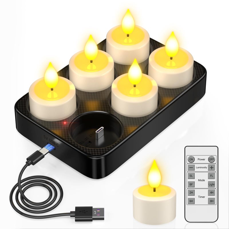 PChero Rechargeable Flameless Candles with Remote Timer Charging Base Long Lasting LED Tealight Battery Operated Flickering Candles for Home Decor Wedding Halloween Christmas 6 Pack - Image 2