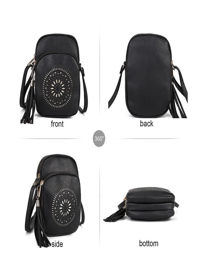 AFKOMST Small Crossbody Bag and Boho Cell Phone Purse for Women,Faux Leather Shoulder Handbag with Tassel,Triple Zip, Black, Small - Image 3