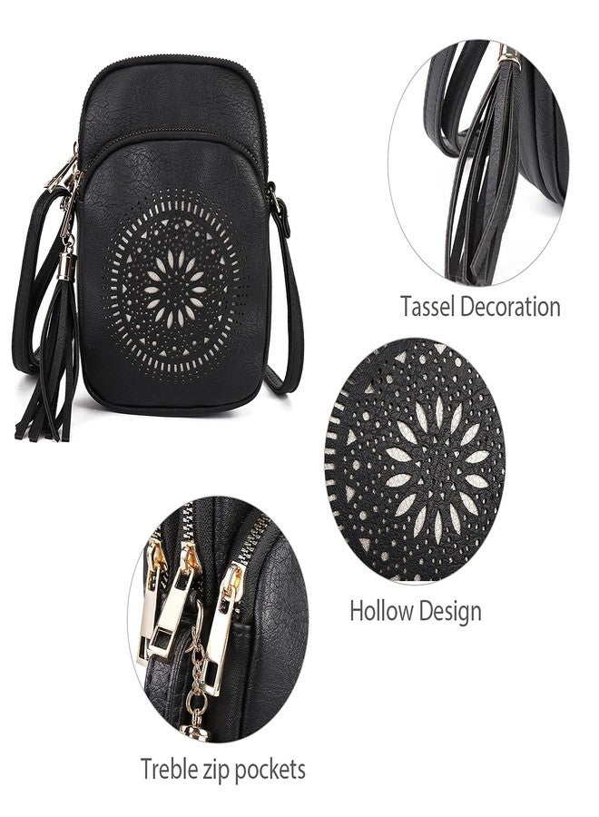 AFKOMST Small Crossbody Bag and Boho Cell Phone Purse for Women,Faux Leather Shoulder Handbag with Tassel,Triple Zip, Black, Small - Image 4