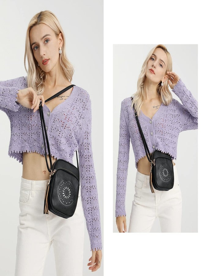 AFKOMST Small Crossbody Bag and Boho Cell Phone Purse for Women,Faux Leather Shoulder Handbag with Tassel,Triple Zip, Black, Small - Image 2