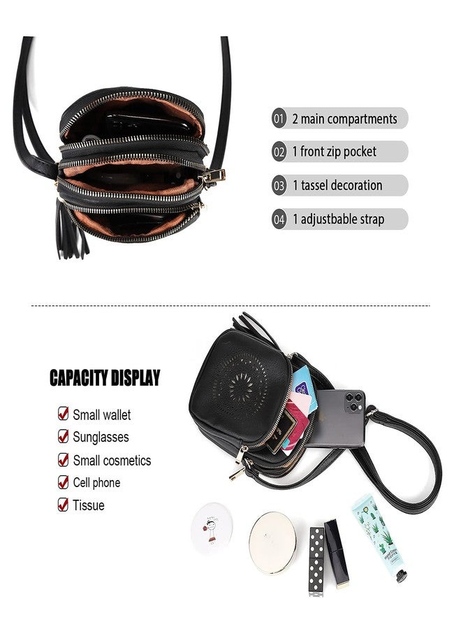 AFKOMST Small Crossbody Bag and Boho Cell Phone Purse for Women,Faux Leather Shoulder Handbag with Tassel,Triple Zip, Black, Small - Image 5