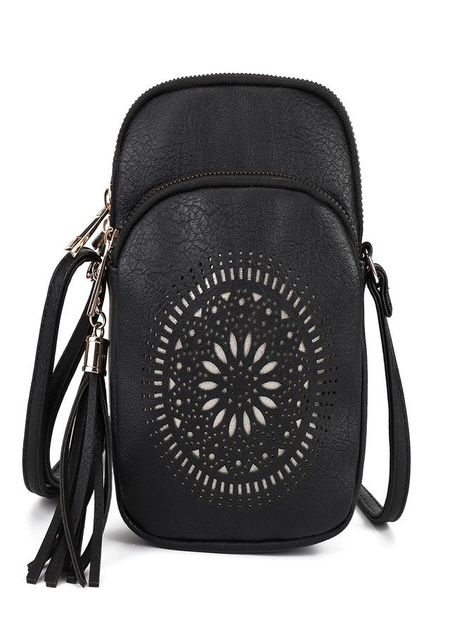 AFKOMST Small Crossbody Bag and Boho Cell Phone Purse for Women,Faux Leather Shoulder Handbag with Tassel,Triple Zip, Black, Small - Image 1