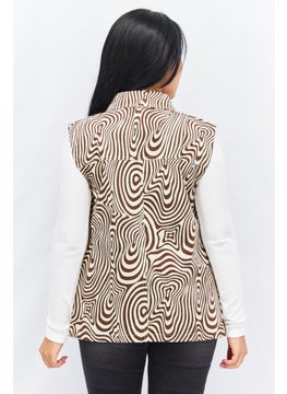 Annorlunda Women Pointed Collar Sleeveless Allover Printed Shirt, Brown  - Image 2