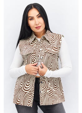 Annorlunda Women Pointed Collar Sleeveless Allover Printed Shirt, Brown  - Image 1