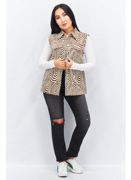 Annorlunda Women Pointed Collar Sleeveless Allover Printed Shirt, Brown  - Image 3