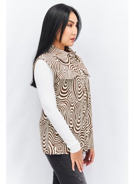 Annorlunda Women Pointed Collar Sleeveless Allover Printed Shirt, Brown  - Image 4