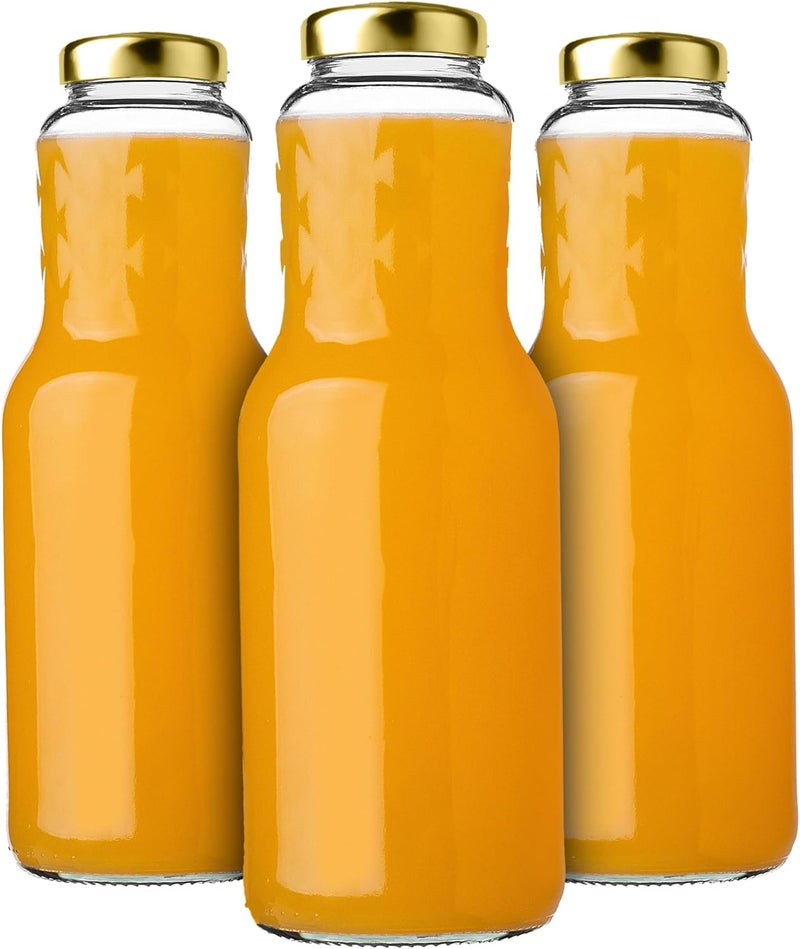 KADAX Glass Bottles 1 L, Pack of 3, Juice Bottles with Screw Cap fi53 mm, Empty Bottles for Preserving & Filling, Preserving Bottles for Juice, Wide Mouth Bottle (Gold) Upgraded general grade quality - Image 1