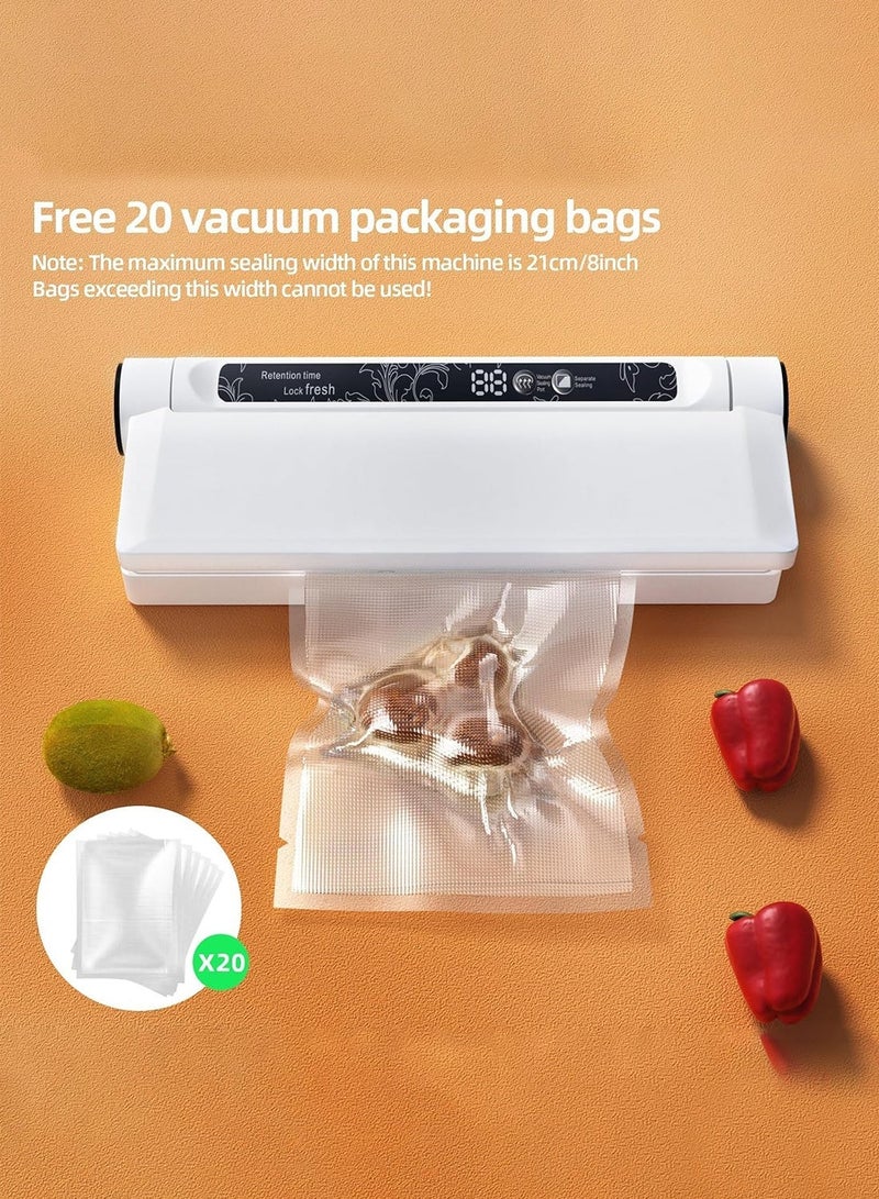 FDTY آلة تغليف الأطعمة بالفراغ بقوة شفط 60 كيلو باسكال - مؤقت رقمي، أوضاع جافة/رطبة، 20 كيس تغليف، آلة تغليف مدمجة محمولة للاستخدام المنزلي في المطبخ، لون أبيض - Image 5