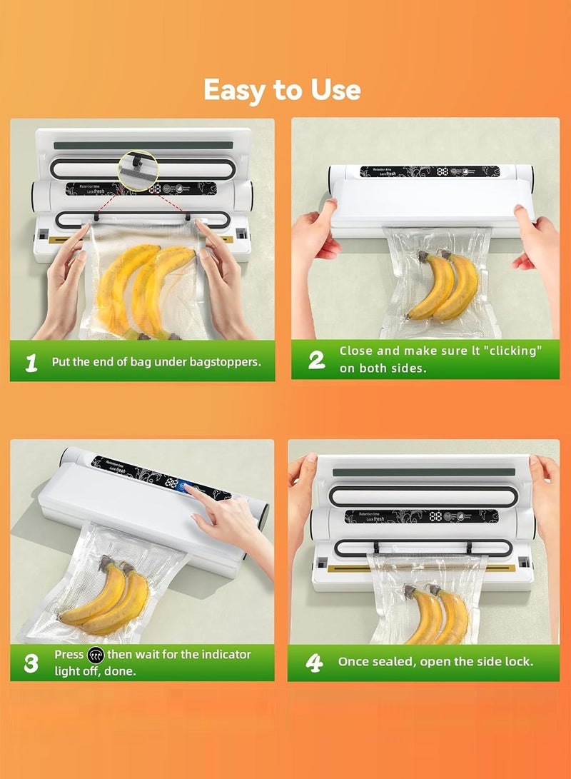 FDTY آلة تغليف الأطعمة بالفراغ بقوة شفط 60 كيلو باسكال - مؤقت رقمي، أوضاع جافة/رطبة، 20 كيس تغليف، آلة تغليف مدمجة محمولة للاستخدام المنزلي في المطبخ، لون أبيض - Image 4