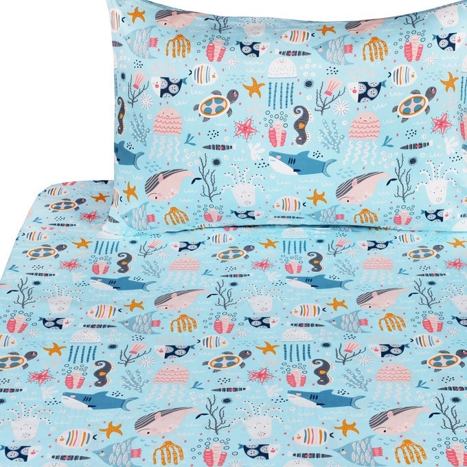 JPINNO UNDERWATER ANIMALS SEA FISHES TURTLE SHARK DOLPHIN TWIN SHEET SET GIFT 100 COTTON FLAT SHEET FITTED SHEET PILLOWCASE BEDDING SET FOR UNISEX BOYS GIRLS