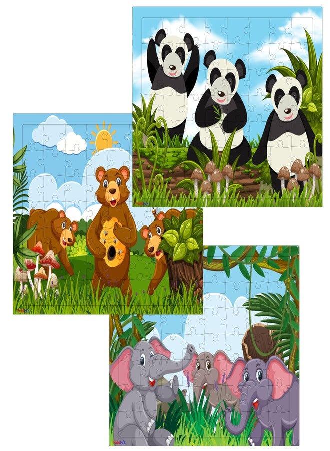 Fiddlys 54 Pcs Wood Jigsaw Puzzles for Kids & Children Age 6+ Double Layered Wooden Puzzles with Bright Front & Back Print Puzzle for Kids-Educational Toy (Bears Elephant & Panda Pack of 3) - Image 1