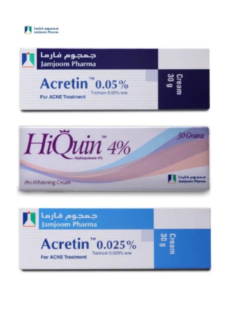Jamjoom Medical solution Skin Care Set for the Optimal and Ultimate Treatment for Acne and Skin Problems(Acretin 0.05% Acne Cream 30 gm + Hi Quin Pro Whitening Exfoliating Acne Treatment 4% Cream 30 gm + Acretin 0.025% Cream 30 gm)  - Image 1