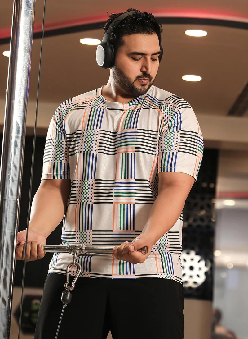 انستافاب بلس Instafab Plus Men's Ivory White Lines Activewear T-Shirt For Casual Wear | Crew Neck | Short Sleeve | Anti-Odor | Dri-Fit | Jersey T-Shirt Crafted With Comfort Fit & High-Performance